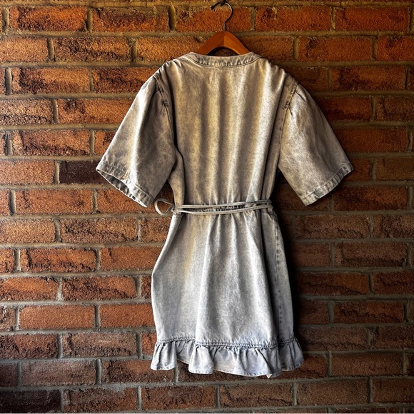 IRO | Textured Gray Ruffled puff sleeve designer wrap denim Jean dress - Picture 13 of 13